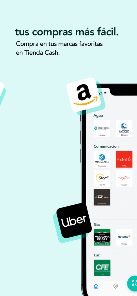 Todito - Todito mobile app interface showing options to pay Mexican utility bills for water, gas, electricity, and telecommunications alongside Amazon and Uber logos