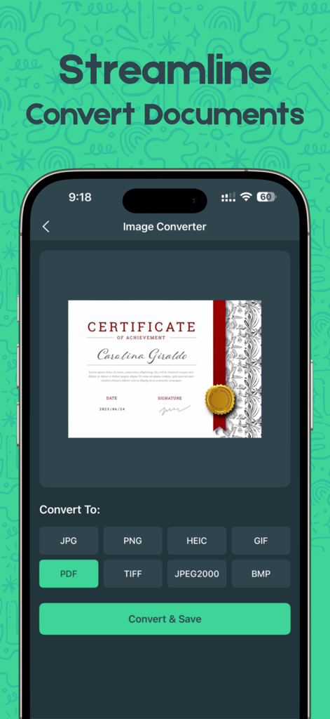 App interface showing a certificate being converted to a PDF document with various image format options