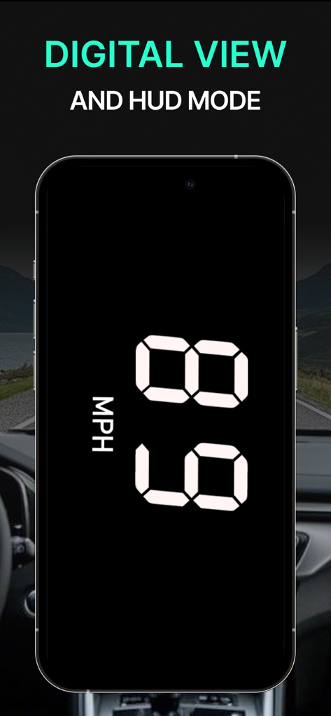 GPS Speedometer HUD - SpeedAce - Pantalla de smartphone mostrando un velocímetro digital grande con 58 MPH en modo HUD.