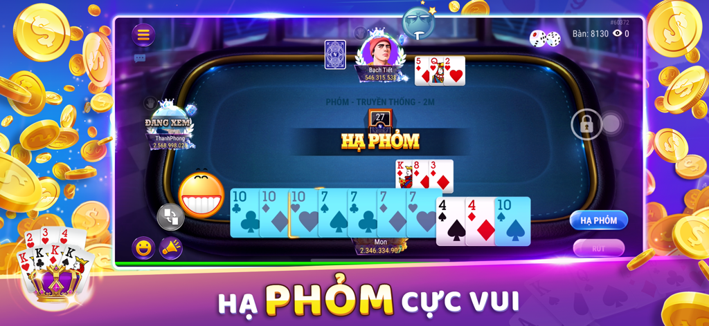 KPlay: Online Social Poker - KPlay mobile app screenshot showing a traditional Vietnamese Phom card game table with players and virtual coins
