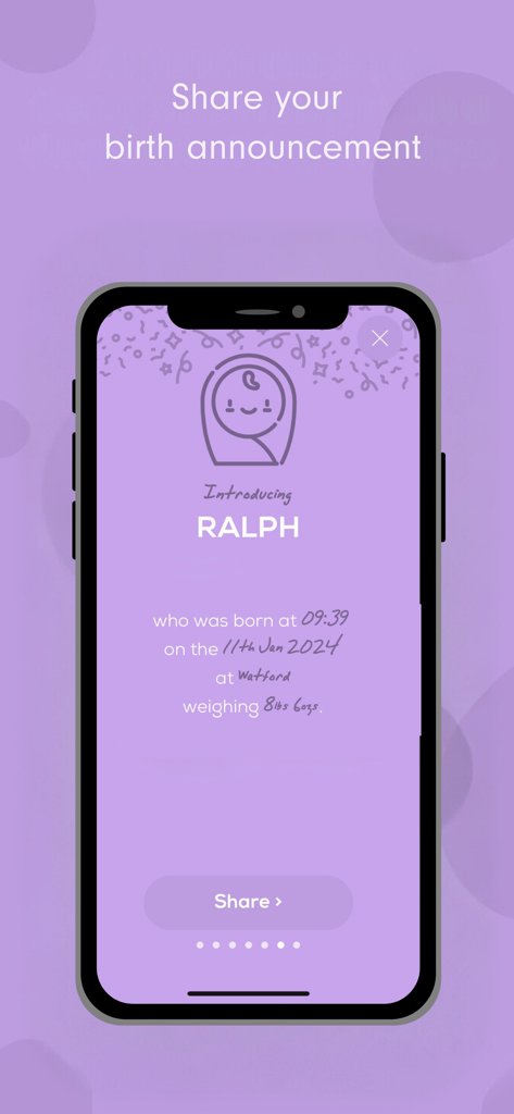 A screenshot of the Freya app showing a birth announcement for a baby named Ralph with birth details and a share button