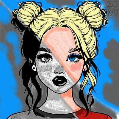 realistic girl with two buns in hair and lips
