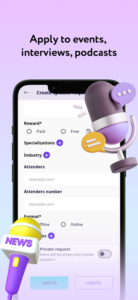 SpeakUp – Find & Book Speakers - A smartphone screen displaying the speaker request form within the SpeakUp mobile application