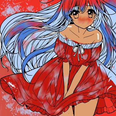 manga girl with long flowing hair and a dress that is pushed down