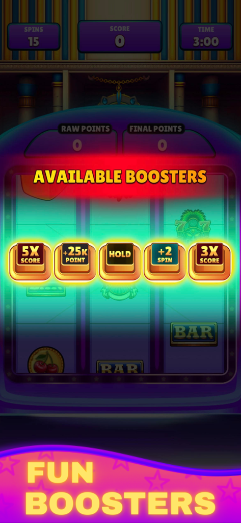 Real Money Slots Stake Casino - Uno screenshot del gioco Real Money Slots che mostra i potenziatori di abilità disponibili come moltiplicatori di punteggio e giri extra