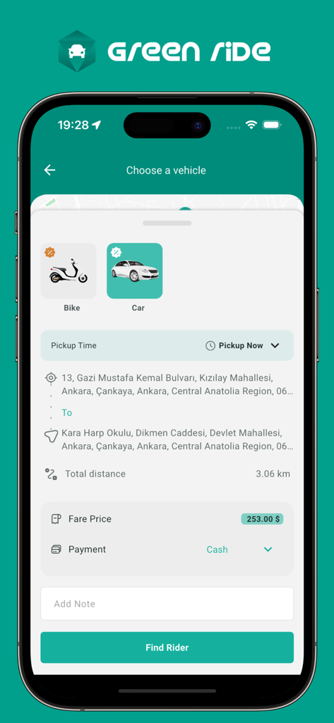 Green Ride – Taxi & Delivery - Interface de réservation de taxi de l'application Green Ride pour choisir un véhicule et réserver un taxi avec des détails sur le prix et la distance