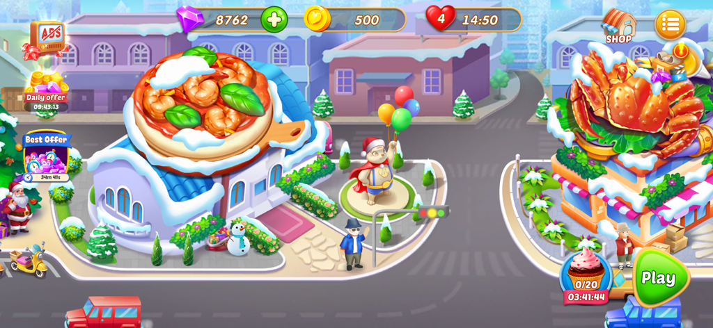 Winter themed map screen in Cooking Earth Chef Game with pizza and crab restaurants.