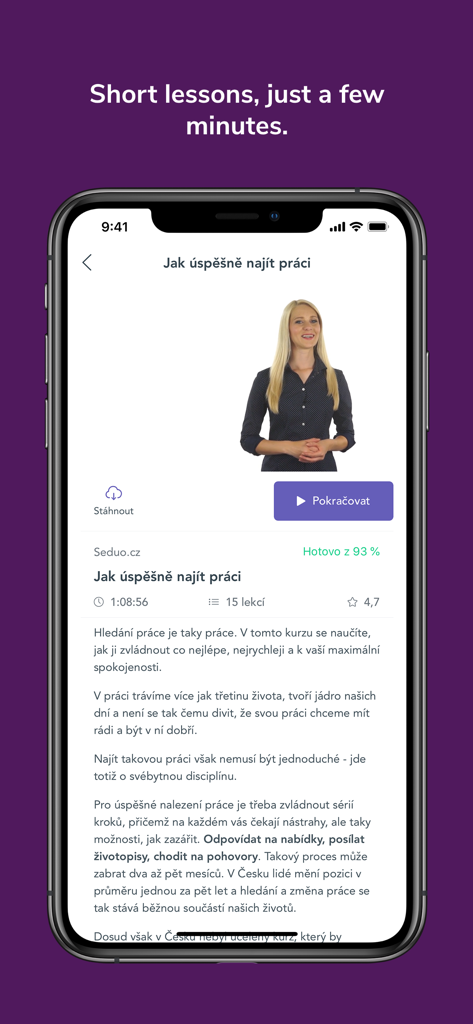 Seduo - A mobile app interface showing a video lesson from a professional development course on job hunting.