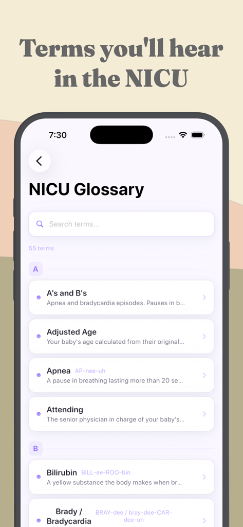 Roo: A NICU Companion App - Pantalla de la aplicación Roo que muestra un glosario de términos médicos que los padres pueden escuchar en la UCIN