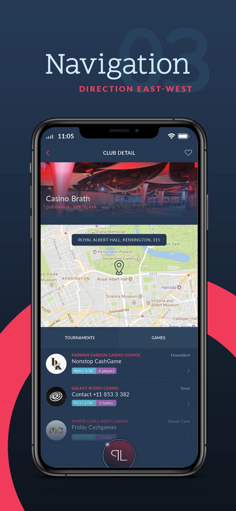 PokerList - List of poker game - PokerList mobile app interface displaying a casino map and a list of live poker cash games available at various venues