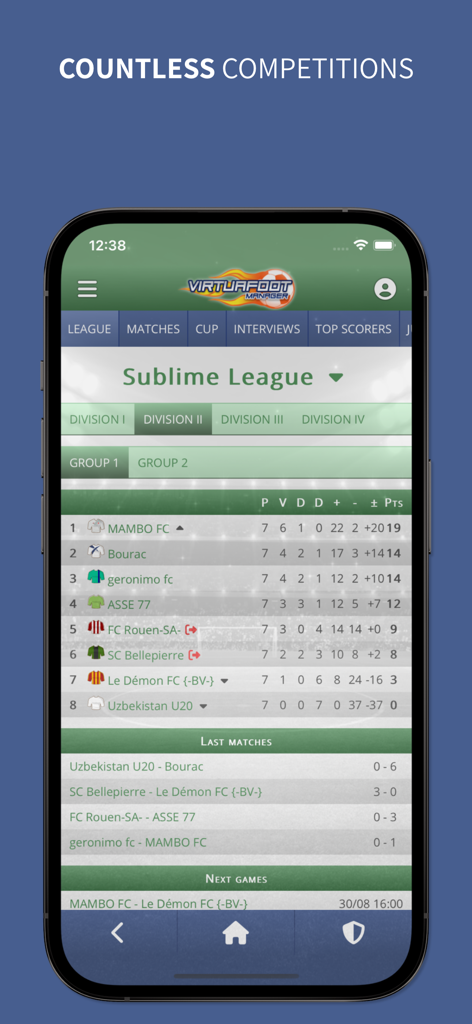 Virtuafoot Football Manager - League table and match results in the Virtuafoot Football Manager app.