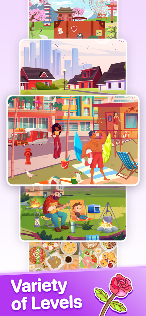 Find the Difference・spot games - A collection of colorful illustrated game scenes showing the variety of levels available in the Find the Difference puzzle game