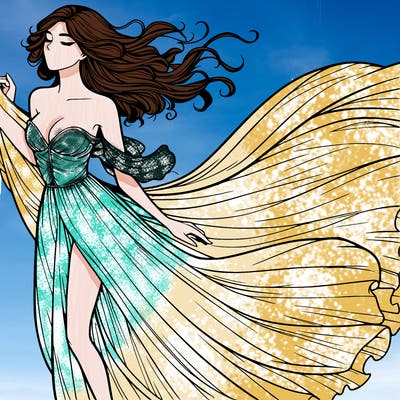 realistic woman in dress flowing the the wind