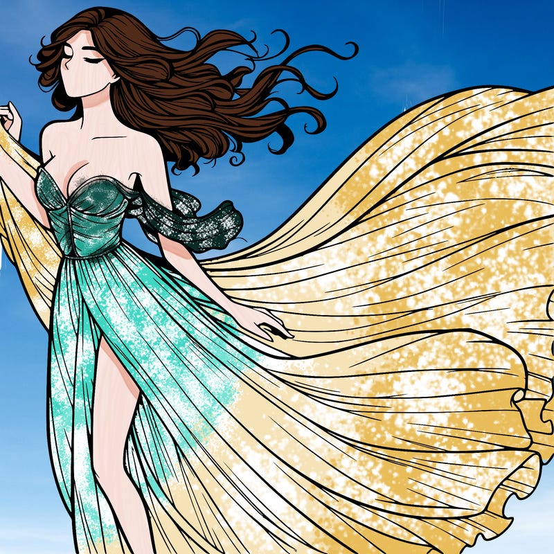 realistic woman in dress flowing the the wind