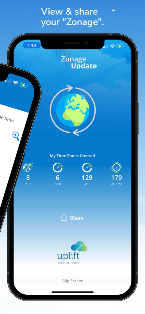 Uplift - Travel Without Jetlag - Dashboard showing time zones crossed statistics in the Uplift jet lag recovery app