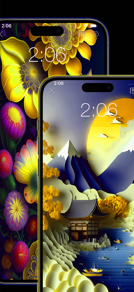 Dos iPhones mostrando fondos de pantalla estéticos florales y de estilo japonés cortados en papel en las pantallas de bloqueo