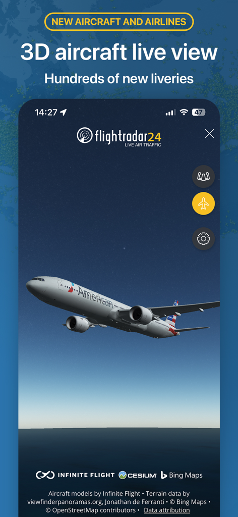 3D aircraft live view of an American Airlines plane in the Flightradar24 app