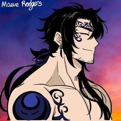 anime handsome man, muscular, medium length black hair crescent moon tattoo on forehead