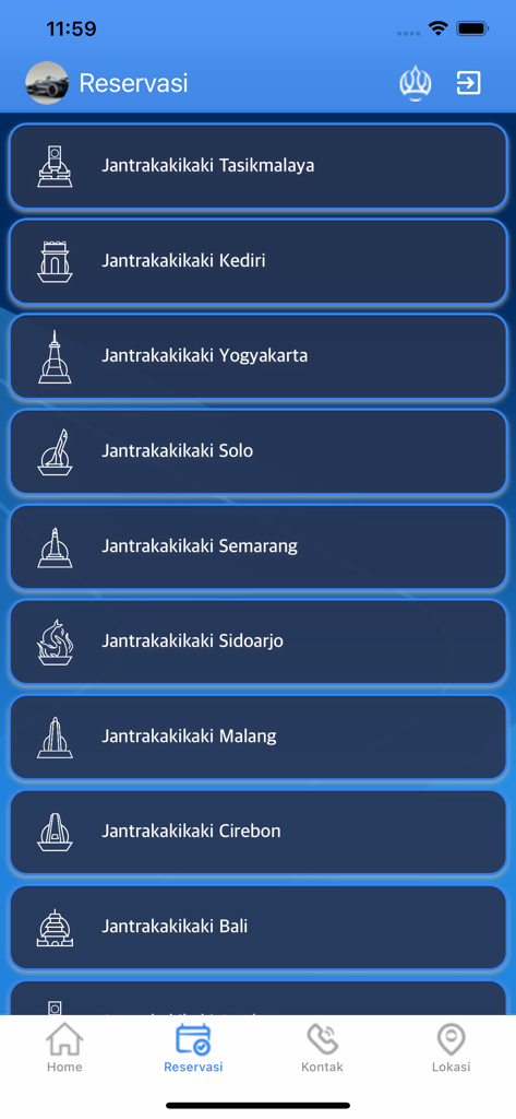 Jantra Royale - Reservation screen of the Jantra Royale app showing a list of available Jantrakakikaki workshop locations