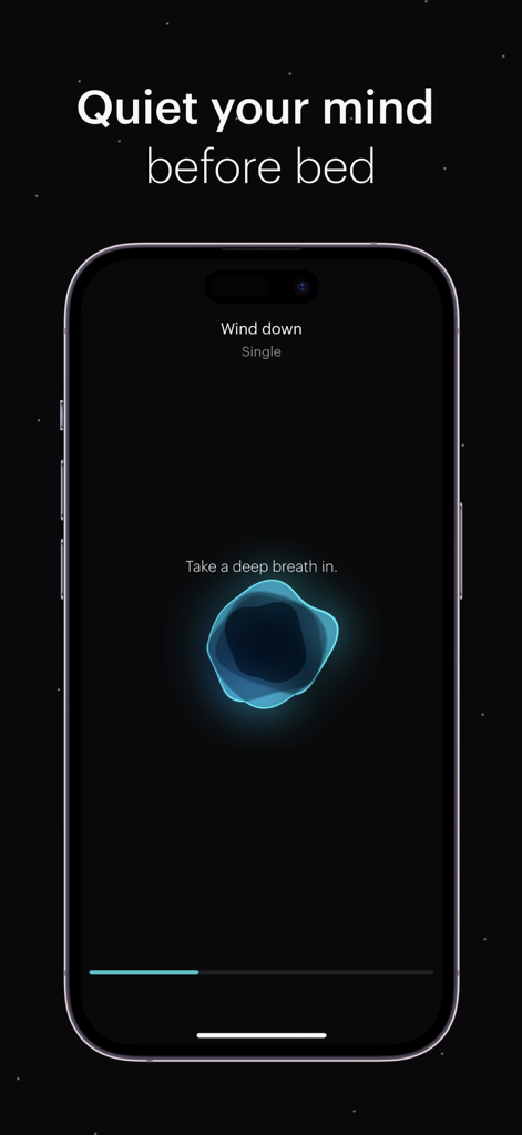 Balance: Meditation & Sleep - A smartphone screen showing the Balance app wind down meditation with a glowing orb and breathing instruction