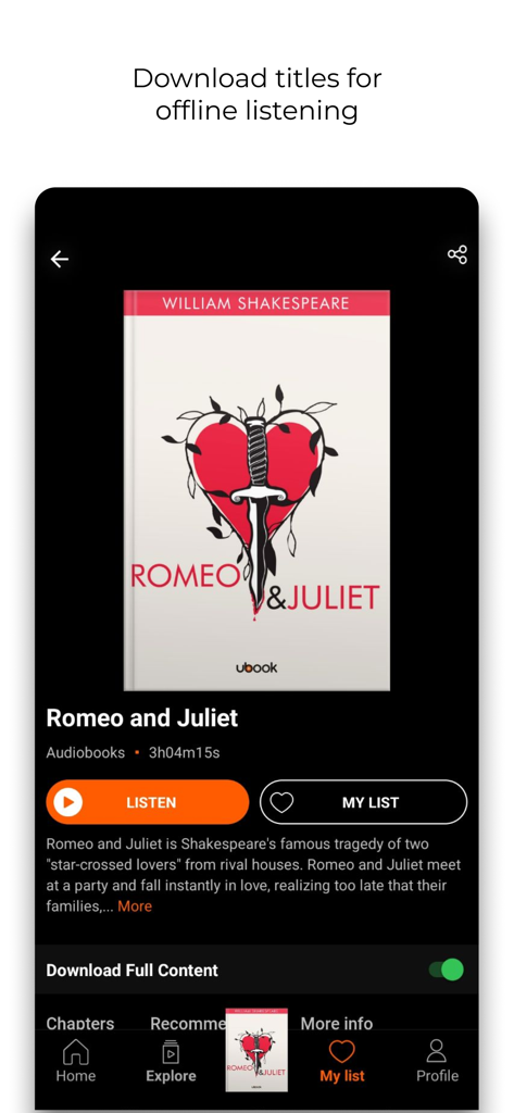 Ubook: Audiobooks - Ubook app screen showing the offline download feature for the Romeo and Juliet audiobook.