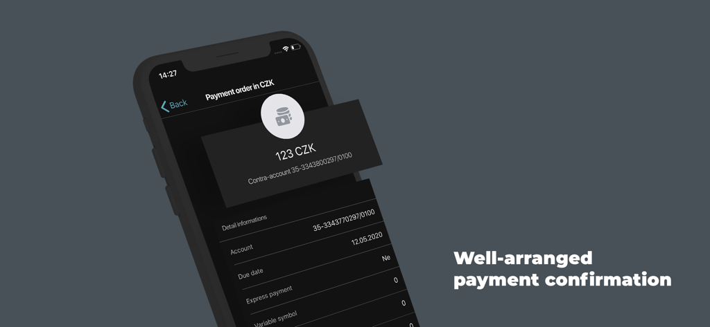Mobile app screen of KB Klic showing a payment order confirmation for 123 CZK on a dark interface