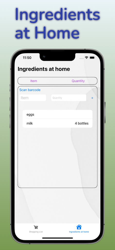 Mobile app screen for managing household pantry inventory and ingredients at home