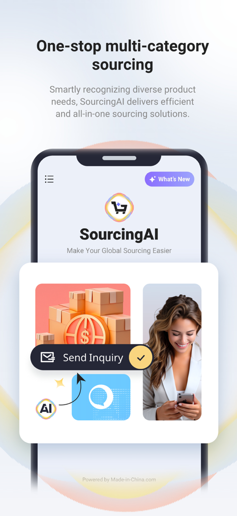 Interfaz de la aplicación móvil SourcingAI que presenta abastecimiento multicanal y herramientas de adquisición impulsadas por IA.
