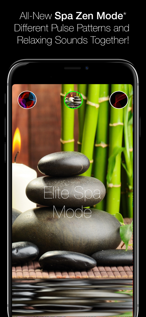 Interface of the 3D Massage app showing the Spa Zen Mode with stacked stones bamboo and a candle background