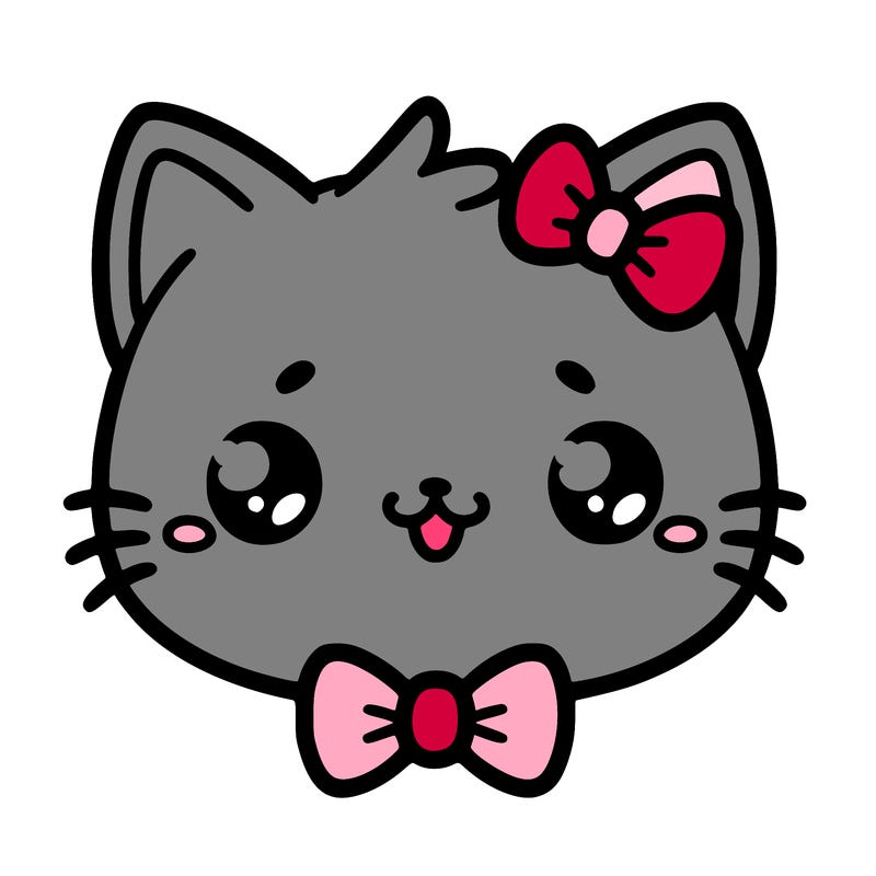 kawaii cat with a bow tie hanging from his ear