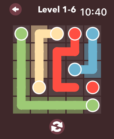 Color Flow - Watch Games - Gameplay screenshot of Color Flow on Apple Watch showing colored lines connecting dots on a grid