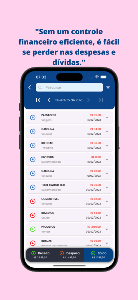 Eine Liste kategorisierter Ausgaben und Einnahmen in der persönlichen Finanz-App Finanzkontrolle
