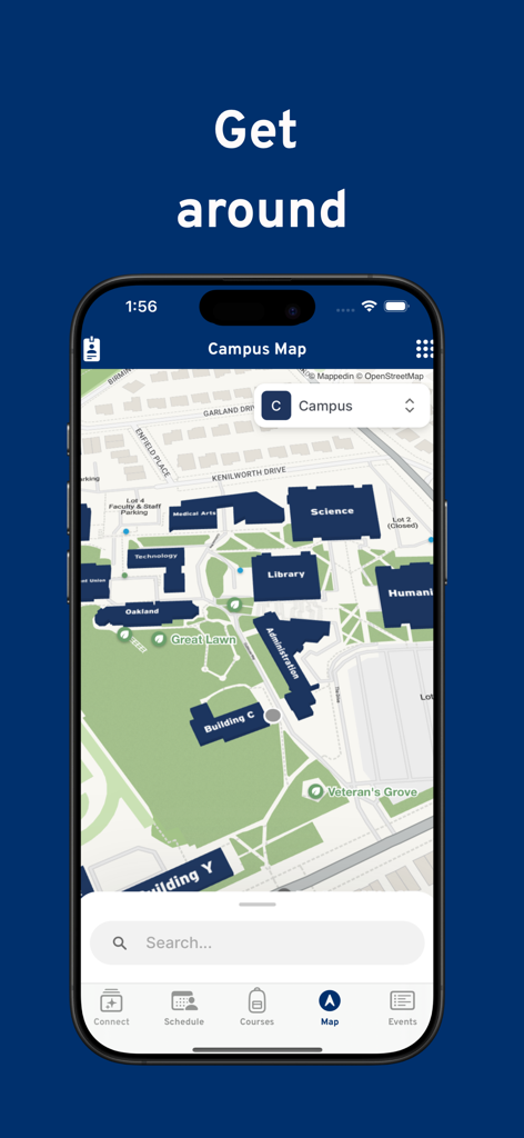 A screenshot of the QCC Connect mobile app displaying an interactive campus map of Queensborough Community College with building labels and a search bar.