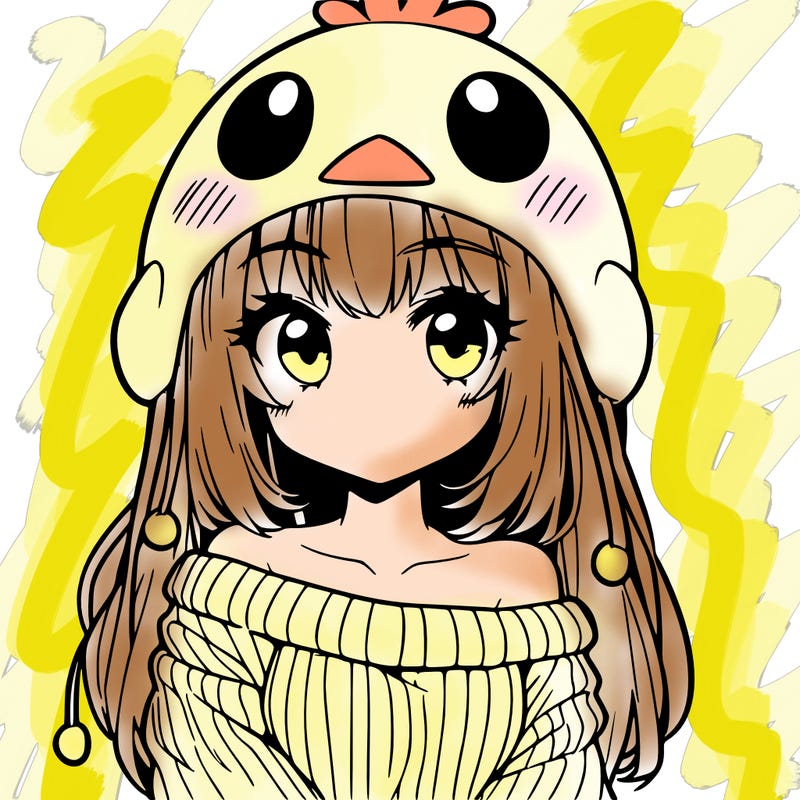 anime girl with chick shaped hat with sweater with bare shoulders with bangs covering them one eye with low tail