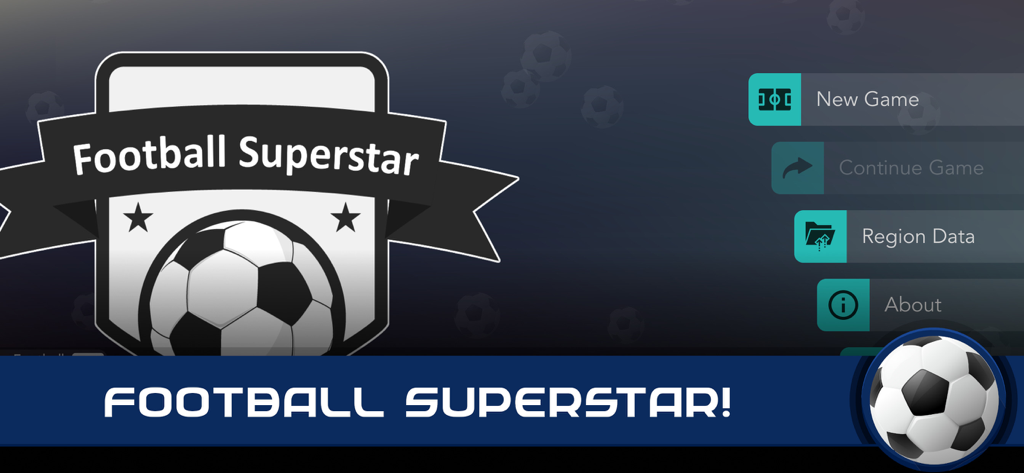 Main menu of Football Superstar game showing options to start or continue a soccer career