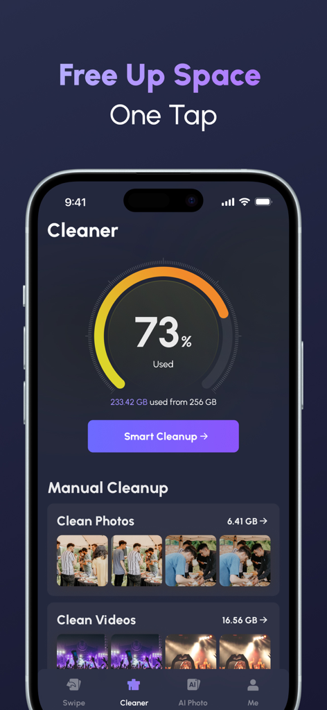 Magic Cleaner-Clean Storage ! - Interfaz de la aplicación Magic Cleaner que muestra un medidor de uso de almacenamiento y un botón de limpieza inteligente para liberar espacio.
