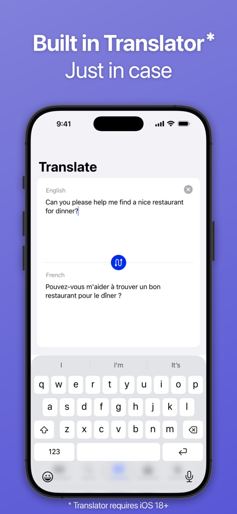 SpeakEasy French: Phrasebook - SpeakEasy French app built-in translator screen showing an English to French translation for finding a restaurant