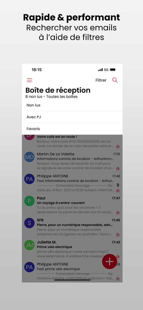 SFR Mail - Interface de l'application SFR Mail avec le menu des filtres de recherche de la boîte de réception ouvert.