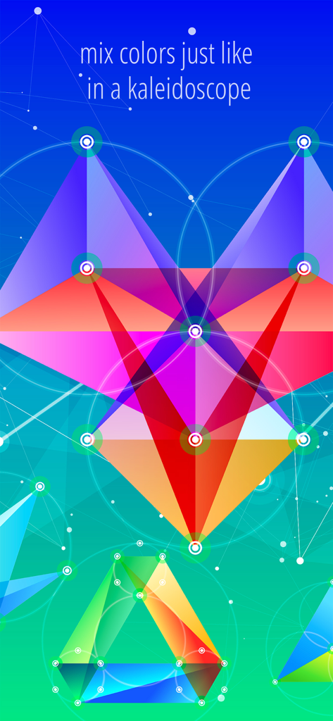 TRIZ - Sacred Geometry Puzzles - A colorful kaleidoscope-style puzzle with overlapping triangles and circles on a blue and green background.