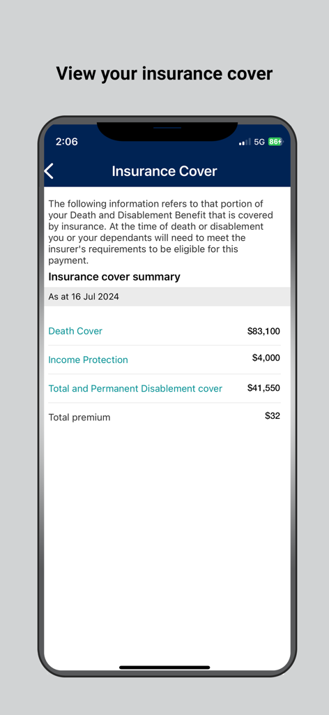 Australian Food Super - Australian Food Super 앱의 모바일 화면, 사망 보험 및 소득 보장 보험 세부 정보 표시
