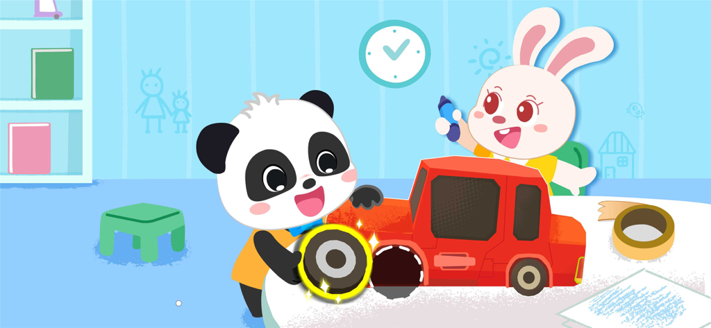 Baby Panda Kindergarten - Baby Panda and a rabbit friend building a red cardboard car in a classroom setting