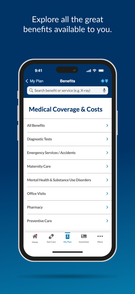 fepblue - fepblue app screen showing medical coverage and costs benefit categories for federal employees