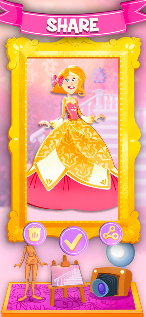 Una princesa peinada con un vestido de gala mostrada en un marco de retrato dorado con opciones para compartir