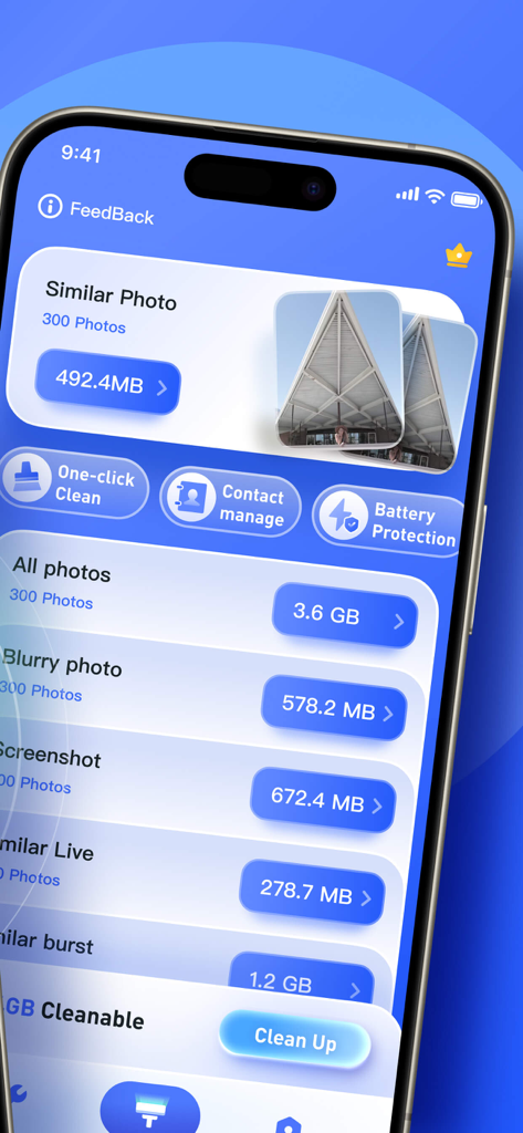 Pantalla de iPhone que muestra la interfaz de la aplicación One Cleaner para la gestión del almacenamiento de fotos
