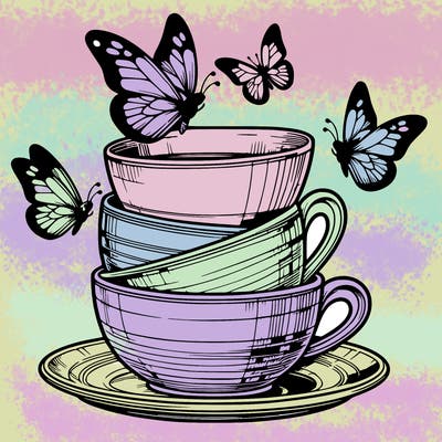 a stack of tea cups with butterfly’s flying around them realistic