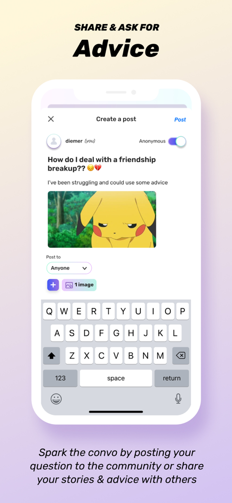 Smartphone screen displaying the Diem app post creation interface with an anonymous toggle and a question about friendship breakups