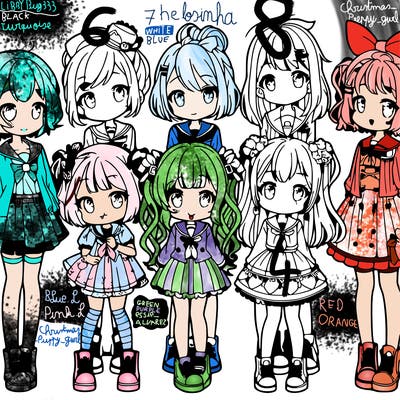 6 cute anime girls lined up