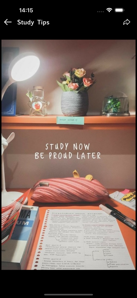 Aesthetic study desk with handwritten notes and motivational text study now be proud later