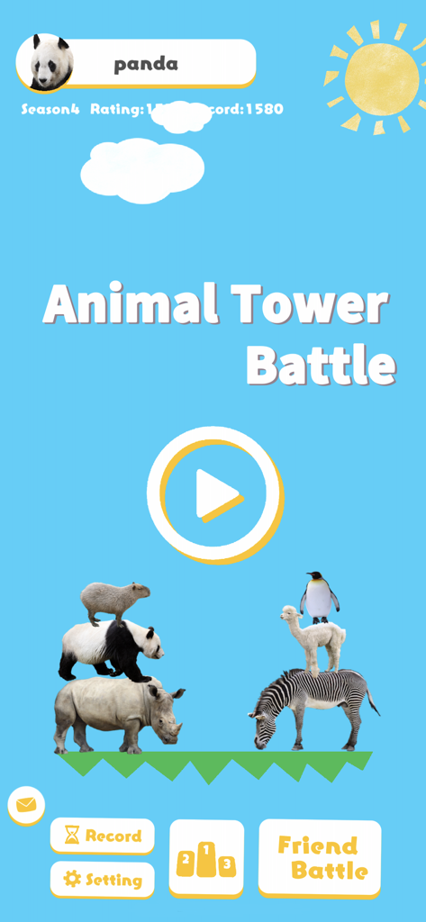 Animal Tower Battle start screen featuring stacks of various animals and a play button