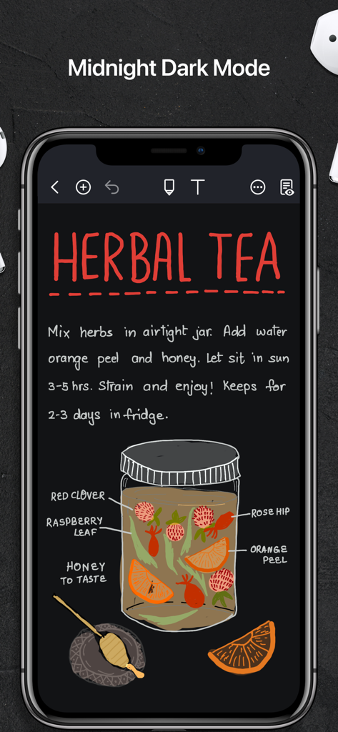 Noteshelf 2 app displaying a handwritten herbal tea recipe in Midnight Dark Mode